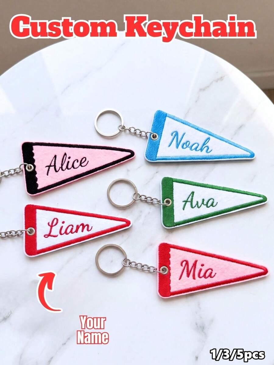 1/3/5Pcs Custom Embroidered Keychain,Personalized Triangle Flag Embroidered Bag Charm,Customized Initial Keychain,Luggage Tag,Key Ring,Bag Pendant