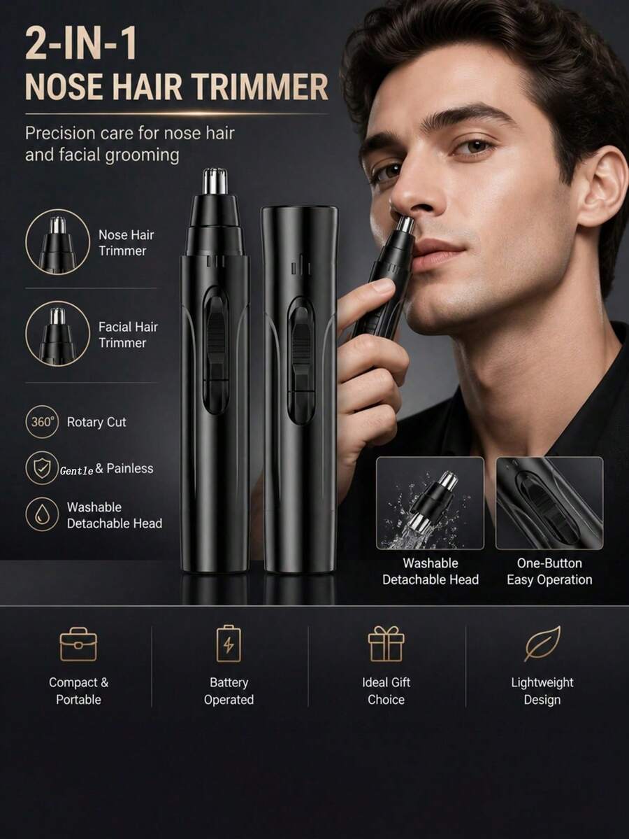 AXH. 2-In-1 Electric Nose Hair Trimmer Ear Face Eyebrow Hair Cleaning & Grooming Tool Home Use Unisex Nose Hair Remover Facial Care Kit - Black - View 1