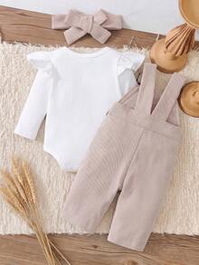 Baby Girl Flutter Sleeve Ribbed Long Sleeve Bodysuit & Corduroy Overall Pants 2pcs Set, Light Khaki Bow Embroidery, Vertical Striped Corduroy, Spring/Autumn Outfit - Multicolor - View 6