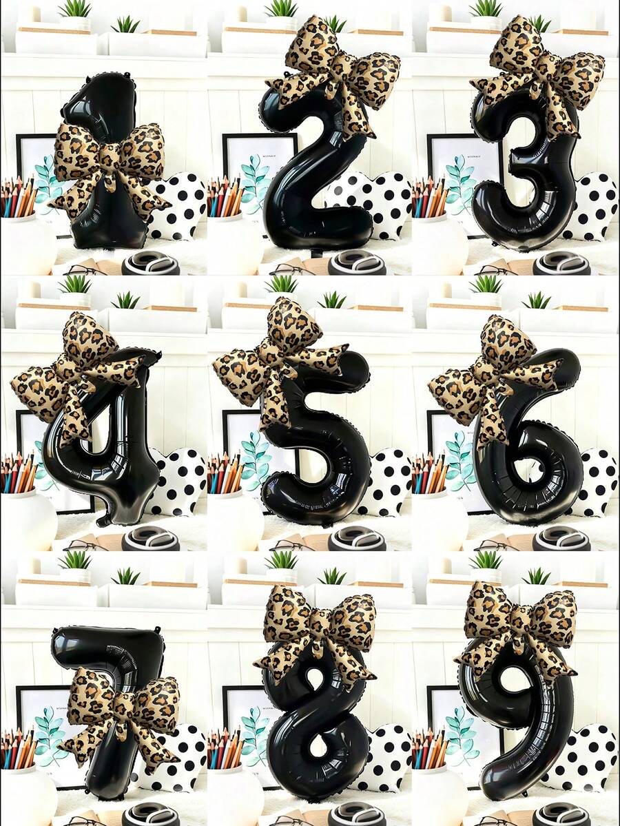 2件組 32英吋黑色0-9數字氣球套組,豹紋蝴蝶結鋁箔氣球大尺寸生日數字氣球,適用生日派對、嬰兒洗禮裝飾 - 黑色B - 查看 1