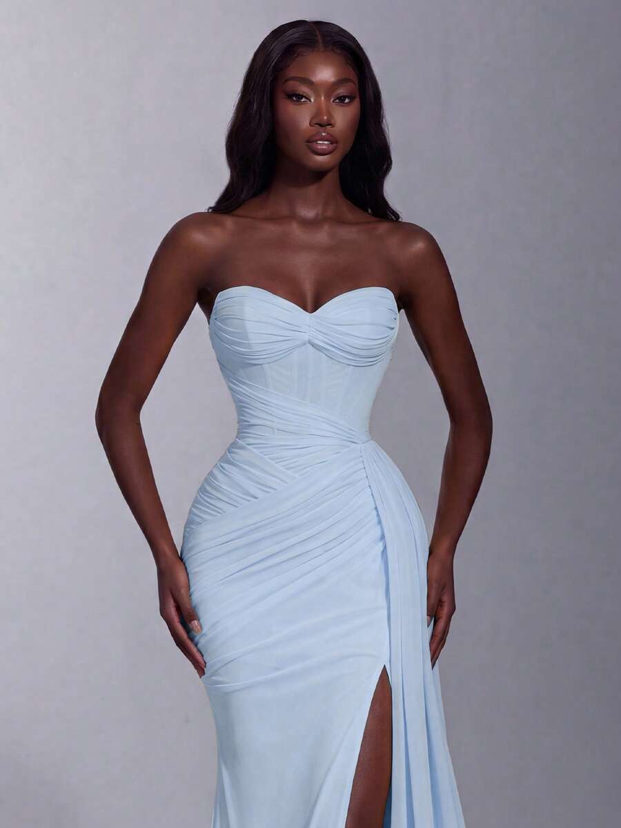 Elegant Heart-Neckline Corset Dress, Side-Cinching Waist, High Slit, Fitted Mermaid Silhouette, Suitable For Photography And Formal Evening Events - Baby Blue - View 1