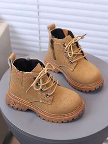 Retro Kids Lace-Up Ankle Boots Side Zipper Easy On/Off Thick Rope Laces Chunky Sole Non-Slip Casual Shoes For Boys Girls School Daily Wear - Khaki - View 3