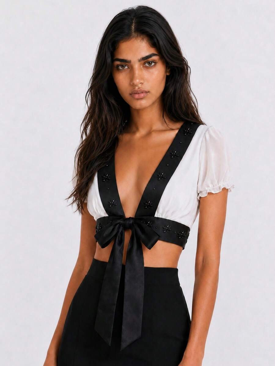 Zerodot Women White Contrast Trim With Front Tie Closure & Embroidery Detail Top Casual Daily Spring Fall - Black and White - View 1