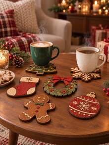 1/6 Styles 1set Christmas Wooden Coaster Set, Festive Tree Wreath Snowflake Gingerbread Stocking & Ornament Drink Coasters, Rustic Holiday Table Decor, Coffee Mug Cup Mats, Christmas Gift For Home Kitchen Party Decoration - Multicolor - View 5