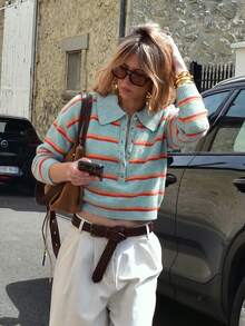 Women's American Vintage Casual Colorful Striped Knit Cardigan, Half-Button Front, Loose Fit, Short Length, Drop Shoulder Sweater For Autumn/Winter - Grey-blue Base With Orange-red Stripes - View 1