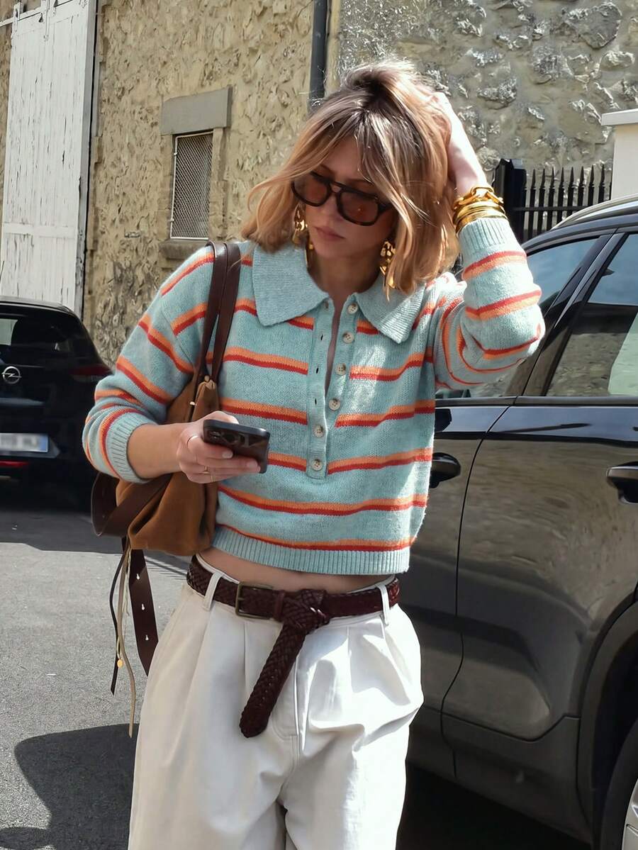 Women's American Vintage Casual Colorful Striped Knit Cardigan, Half-Button Front, Loose Fit, Short Length, Drop Shoulder Sweater For Autumn/Winter - Grey-blue Base With Orange-red Stripes - View 1