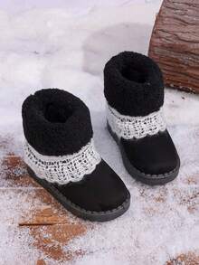 Boys And Girls High-Top Fleece-Lined Ankle Boots; Children's Warm Snow Boots; Soft Sole Non-Slip Fashionable Short Boots - Black - View 4