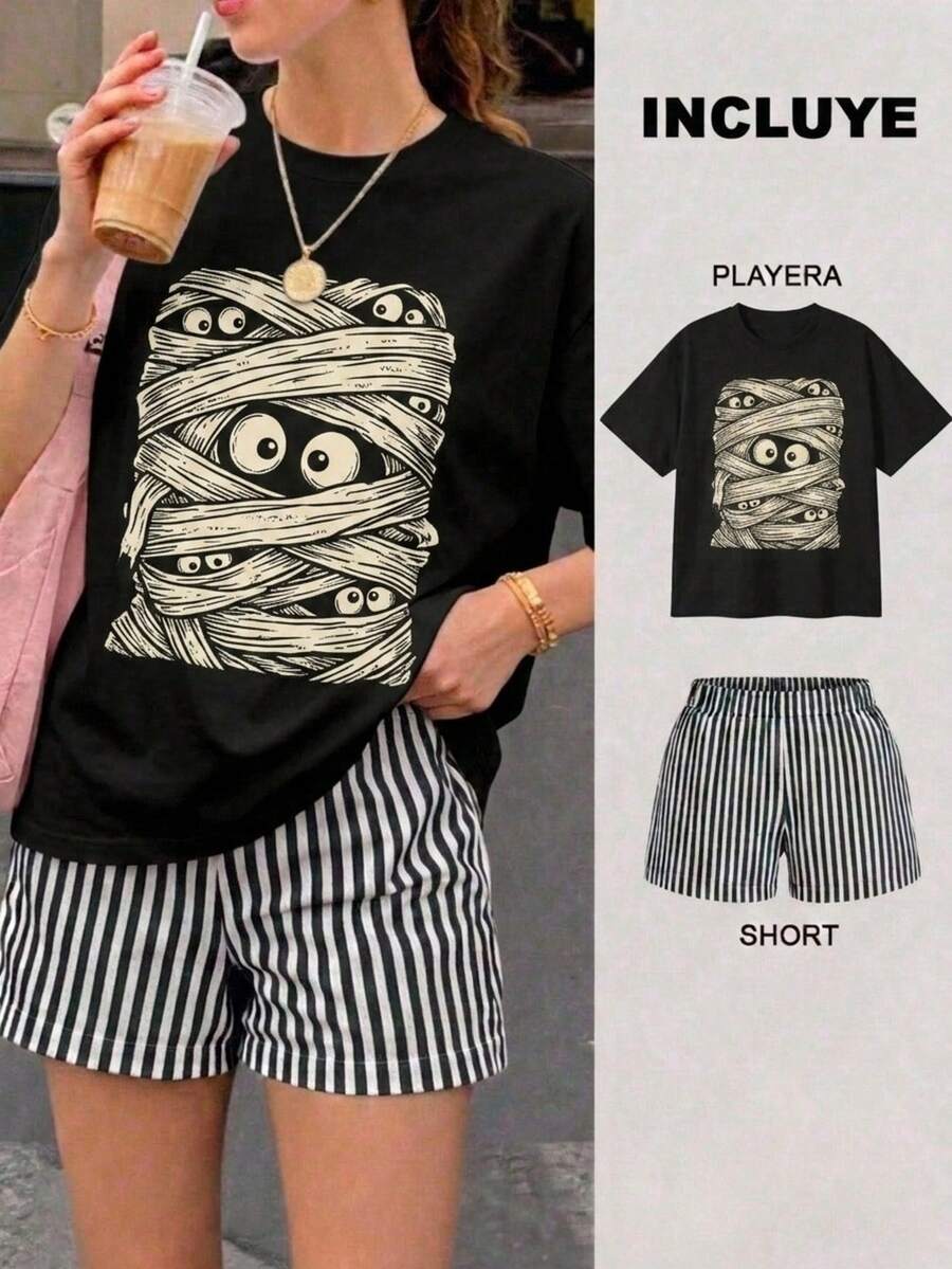 Women Two-Piece Outfits - 2 Black T-shirt With Black and White Striped Shorts - View 1