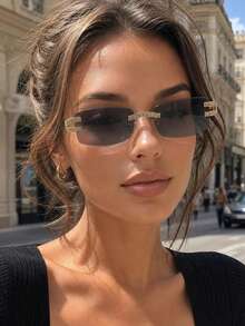 POLASUP 1pc Rhombus Pattern Solid Color Shiny Casual Bohemian Vintage Party Cute Elegant Street Style PC (Polycarbonate) Rimless Square Sunglasses, Rhinestone Metal Temples, Luxury Rhinestone Hot Girl Style Sunglasses, Y2K Rimless Fashion Women Sunglasses All Seasons - Multicolor - View 3