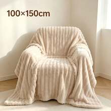 1pc Luxury Thin Double-Sided Faux Rabbit Fur Blanket, Comfortable Striped Flannel, Soft & Warm, Suitable For Nap, Office, Camping, Sofa, Multi-Functional Polyester Bed Cover, Christmas Gift - Khaki - View 10