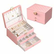 3-Layer PU Leather Jewelry Box, Luxury Large Capacity Jewelry Storage Box, Multifunctional Lockable Storage Box, Women's Accessories Organizer Box, Drawer-Style Jewelry Storage Box, Ring/Earring/Necklace Display Box, Holiday Gift. - Large Capacity Jewelry Box - View 17