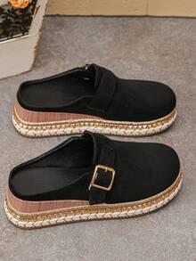 Women's Elegant Round Toe Buckle Black Half-Slip Spring/Autumn New Daily Wear Black Shoes Wide Toe Thick Sole Slippers - Black Suede - Small Square Buckle - View 7