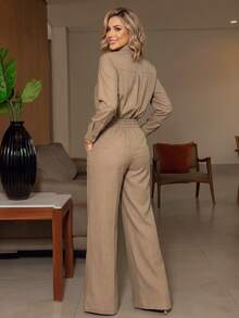 Women's Autumn Khaki Long Sleeve Shirt + Pants 2pcs Set Minimalist Office Style Suitable For Daily Commute Wear - Khaki - View 2