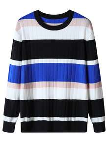 GRDR Men's Multi-Color Horizontal Ribbed Vertical Ribbed Knit Sweater, Autumn/Winter Retro Textured Contrast Color Crew Neck Casual Pullover - Blue - View 10
