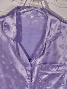Autumn/Winter Heart & Bow Jacquard Satin Patch Pocket Front Button Long Sleeve Pants Pajama Set For Women - Lilac Purple - View 3