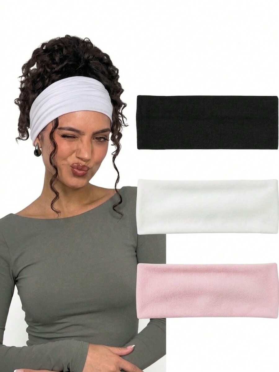 3pcs Women Soft Stretchy Wide Headbands, Autumn Winter Daily Versatile Basic Solid Turban Hair Bands, Boho Non-Slip Yoga Sport Accessories - Multicolor - View 1