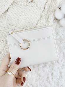 Women's Multi-Function Short Zipper Wallet, Foldable Card Holder With Snap Closure, Small Ring Wrist Strap Decor, Suitable For Outdoor Use - White - View 12