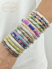 KASHIDAN 3pcs Neutral Tones Random Styles Fashion Vintage Enamel Drops Color Textured Bracelet Gold Clasp Bracelet The Perfect Gift For Ladies Everyday Holiday - Neutral Tones - View 4