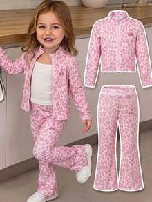 Young Girl Leopard Print Zip-Up Stand Collar Cardigan Long Sleeve And Long Pants - Pink - View 1