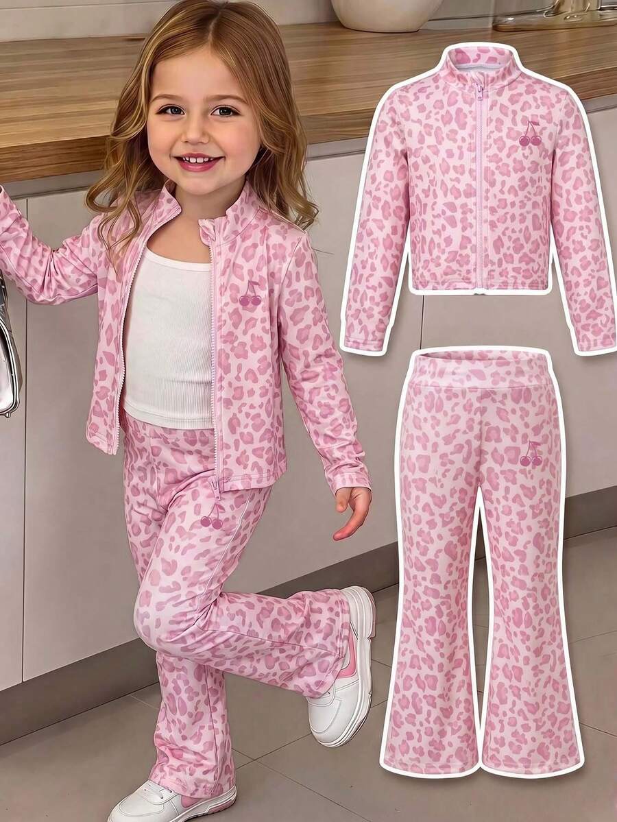 Young Girl Leopard Print Zip-Up Stand Collar Cardigan Long Sleeve And Long Pants - Pink - View 1
