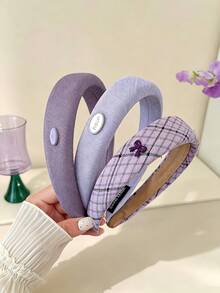 4pcs Solid & Plaid Sponge Padded Headband For Women, Cute Bow Decor Wide Hair Hoop Daily Hair Accessories - Multicolor - View 3