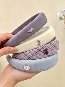 4pcs Solid & Plaid Sponge Padded Headband For Women, Cute Bow Decor Wide Hair Hoop Daily Hair Accessories - Multicolor - View 2
