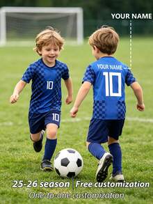 [Customized]Fashionable & Comfortable Round Neck Sports Jersey Set With Custom Name, #10 Star Player Style Football Jersey, Kids Unisex Soccer Sports Jersey With Burnout Design, Round Neck Short Sleeve & Shorts 2 Pieces Set - Blue - View 3