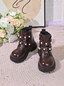 Girls' Pearl Buckle Ankle Boots With Side Zipper, Thick Sole, Anti-Slip, Vintage British Style, Fashion Casual Boots For Autumn/Winter - Brown - View 4