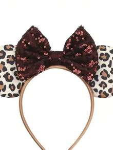 Disney 1pc Classic Character Ear Headband, Leopard Animal Print Fabric Ears Dark Brown Sparkle Sequin Bow Fashion Cosplay Party Hair Hoop  - Multicolor - View 3