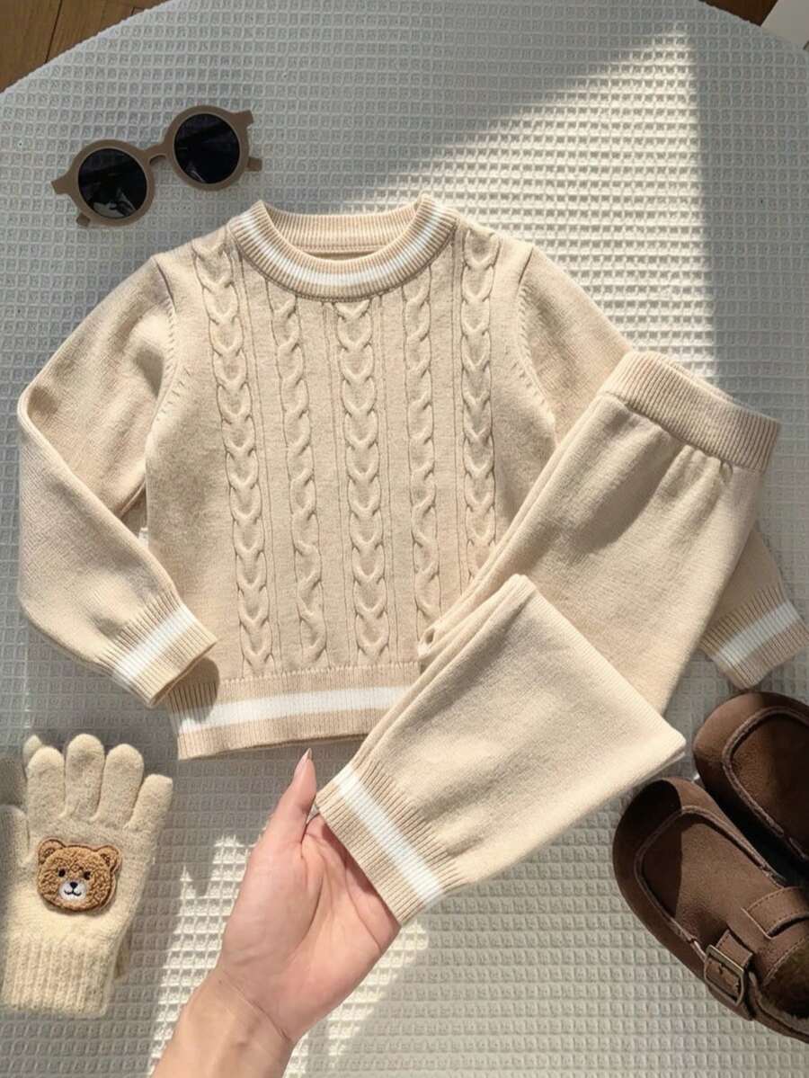 2pcs/Set 1pc College Style Colorblock Cable Knit Crew Neck Long Sleeve Pullover Sweater And 1pc Colorblock Knit Long Pants, Suitable For School Daily Casual Wear In Spring, Autumn And Winter - Apricot - View 1