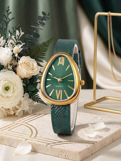 1pc Women's Wrist Watch Minimalist Fashion Luxury Emerald Green PU Strap Roman Numeral Dial Quartz Watch Suitable For Daily Wear, Holidays, Weddings, Back To School Season, Thanksgiving, Anniversary, Halloween, Christmas And Other Occasions Or As Festive Gifts For Family And Friends Best Gift For Girlfriend