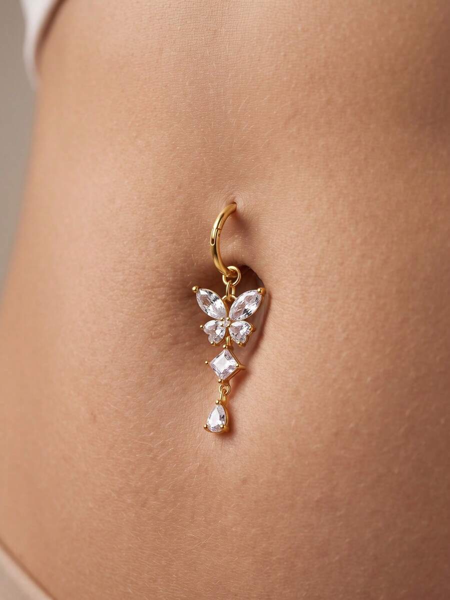 TOKRING 1PC Clicker Belly Button Rings 14G Gold Plated Belly Rings For Women,Dangle Heart Butterfly CZ Belly Navel Piercing Jewelry Stainless Steel 10MM - Buckle-style - View 1