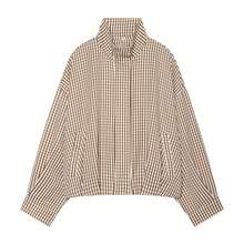 Vintage Plaid Workwear Shacket With Pockets, Unique Funnel Neck Slimming Outerwear - Khaki - View 4