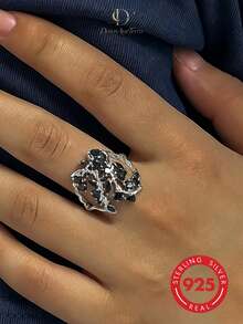 Niche Cool S925 Sterling Silver Asymmetrical Cluster Black Diamond Combination Open Ring, Multi-Shape Gemstone Patchwork Design Finger Ring - Black - View 1