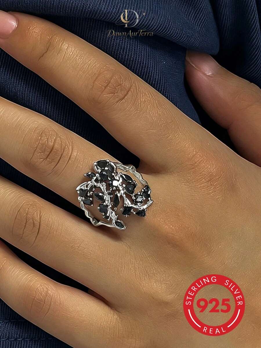 Niche Cool S925 Sterling Silver Asymmetrical Cluster Black Diamond Combination Open Ring, Multi-Shape Gemstone Patchwork Design Finger Ring - Black - View 1