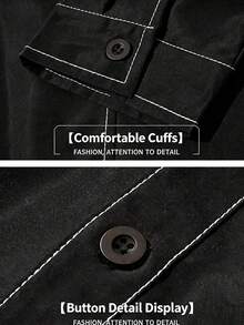 Men's Contrast Stitching Button-Down Shirt, Outdoor Hiking Long Sleeve Collared Top - Black - View 4