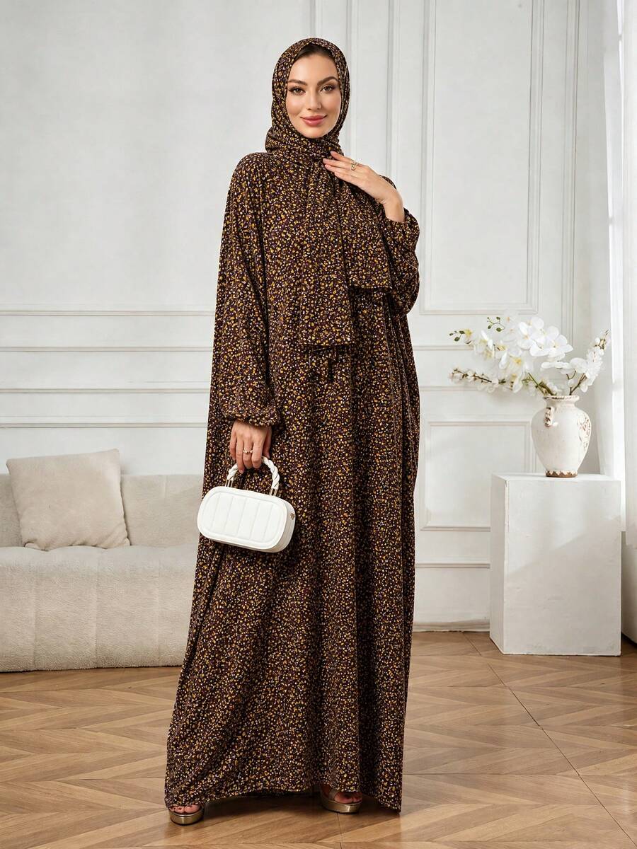 Women's Dark Brown Ditsy Floral Abaya Dress With Matching Hooded Hijab, Long Sleeve Loose Fit Floor Length Ramadan Prayer Robe For Ramadan And Eid - Brown - View 1