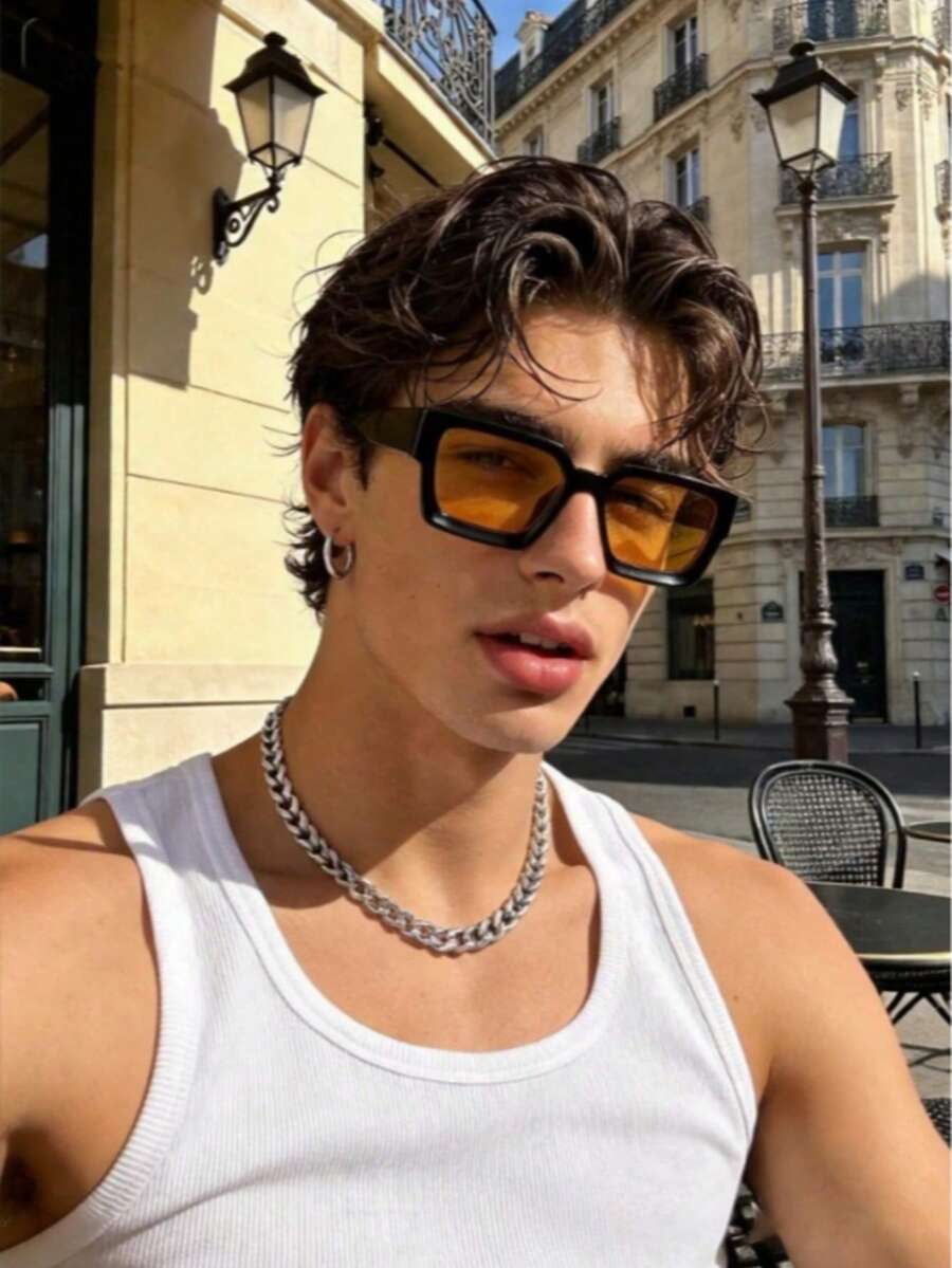 1 Pair Men's Plastic Geometric Frame Classic Fashion Glasses, Suitable For Outdoor Street Photography, Music Festivals And Other Occasions - Orange - View 1