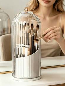 1Pc Large Capacity 360° Rotating Vanity Organizer , With Transparent Dust Cover , Luxury Countertop Storage Rack , Desktop Cosmetic Turntable Holder For Toothbrush , Toothpaste , Razor , Eyebrow Pencils & Makeup Brushes , Halloween & Christmas Gift - Multicolor - View 4