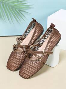 Women's Coffee Brown Flat Mary Jane Shoes With Mesh Strap And Cross Buckle Design - Coffee Brown - View 5