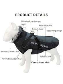 Winter Warm Water-Resistant Pet Jacket With Reflective Strip & Detachable Harness, Windproof Fur Collar For Medium And Large Dogs, Suitable For Cold Weather Outdoor Activities - Grey - View 7