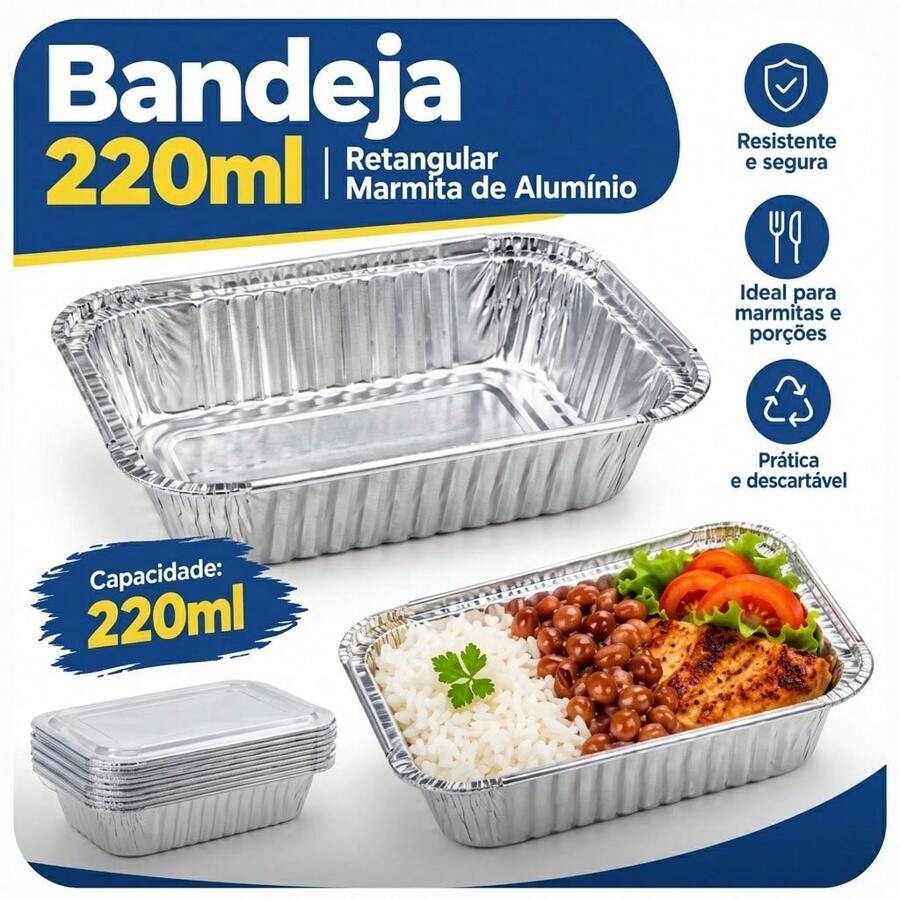Bandeja Marmita de Aluminio Retangular 220ml com 100 unidades - Prata - Visão 1