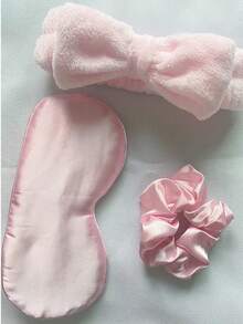 Soft Pink 3PCS Spa Set: Satin Sleep Eye Mask, Plush Bow Headband & Scrunchie, Cute Beauty Accessories For Skincare & Nighttime Use - A - View 5