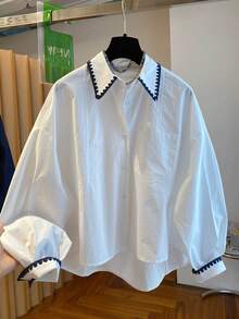 Women's Floral Trim Dropped Shoulder Long Sleeve Single-Breasted Casual Loose Fit Shirt - White - View 3