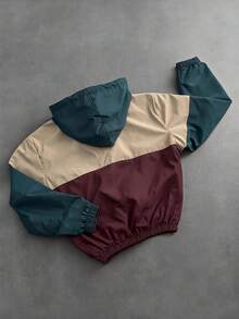 Jaket Berkerudung Pria Motif Blok Warna Musim Gugur/Dingin, Jaket Olahraga Kasual Retro Longgar dengan Kombinasi Tiga Warna - Khaki - View 2