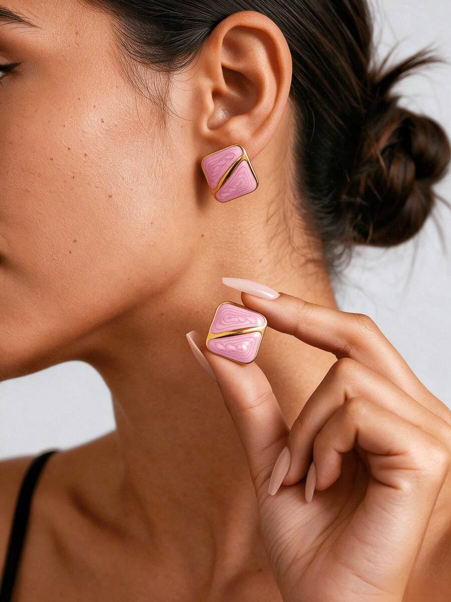 Multi-Color Square Enamel Stud Earrings Set, Stainless Steel Textured Geometric Women's Earrings, Low Sensitivity Fade-Resistant, Fashionable Versatile Eye-Catching - Multicolor - View 1