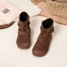 Kids Buckle‑Decor Stacked Ankle Boots, Side‑Zipper Wrinkle‑Collar Short Boots For Daily Casual Outing - Coffee Brown - View 3