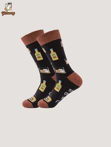 1 Pair Men's Whiskey Bottle Jacquard AB Side Mid-Calf Socks, Fun Personalized Casual Socks - Multicolor - View 6