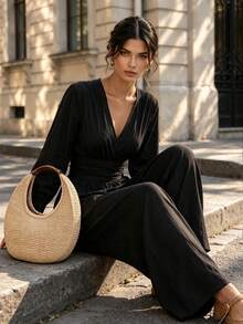 Fall Vintage Black V Neck Jumpsuit, Elegant Lantern Long Sleeve Wrap Waist Wide Leg Jumpsuit For Fall Winter - Black - View 9