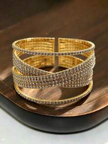 G-S 1pc Exaggerated 10mm Crystal Cross-Cut Open Cuff Bracelet Elastic Wide Bangle - 10-row Bracelet - View 16
